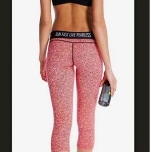 Nike-Dri Fit, Coral Pink/Black Patterned Running Crop Leggings Sz.Medium